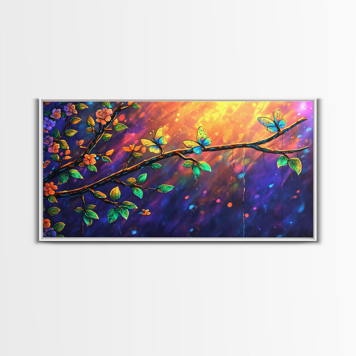 Sunlit Flower Branch With Butterflies Wall Art, Whimsical Nature Art, Botanical Wall Decor, Colorful Bedroom Art Print, Gift
