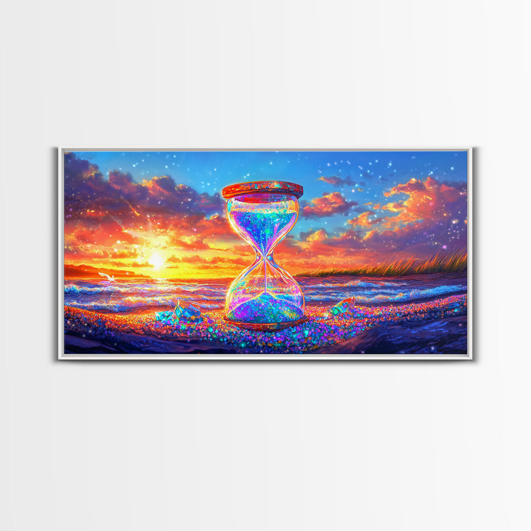Sparkling Hourglass On Sunset Beach Canvas Print, Coastal Wall Art, Surreal Seascape Decor, Ocean Lover Gift For Her, Living Room Decor