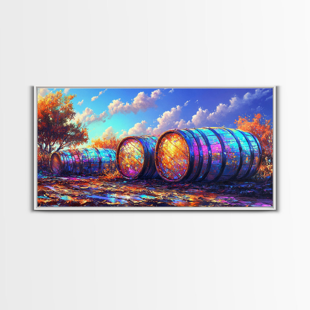 Rainbow Wine Barrels In Autumn Vineyard Wall Art, Rustic Farmhouse Decor, Winery Wall Art, Colorful Landscape, Dining Room Print