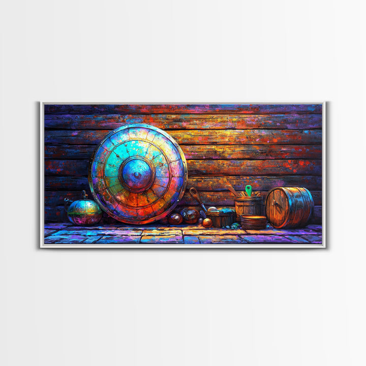 Weathered Viking Shield And Rustic Vessels Framed Canvas Print, Medieval Wall Art, Nordic Decor, Man Cave Art, Fantasy Gift