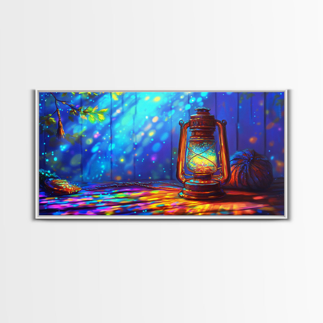 Glowing Camping Lantern In Blue Forest Canvas Print, Rustic Cabin Wall Art, Cozy Wall Decor, Nature Art, Outdoor Decor, Camping Gift