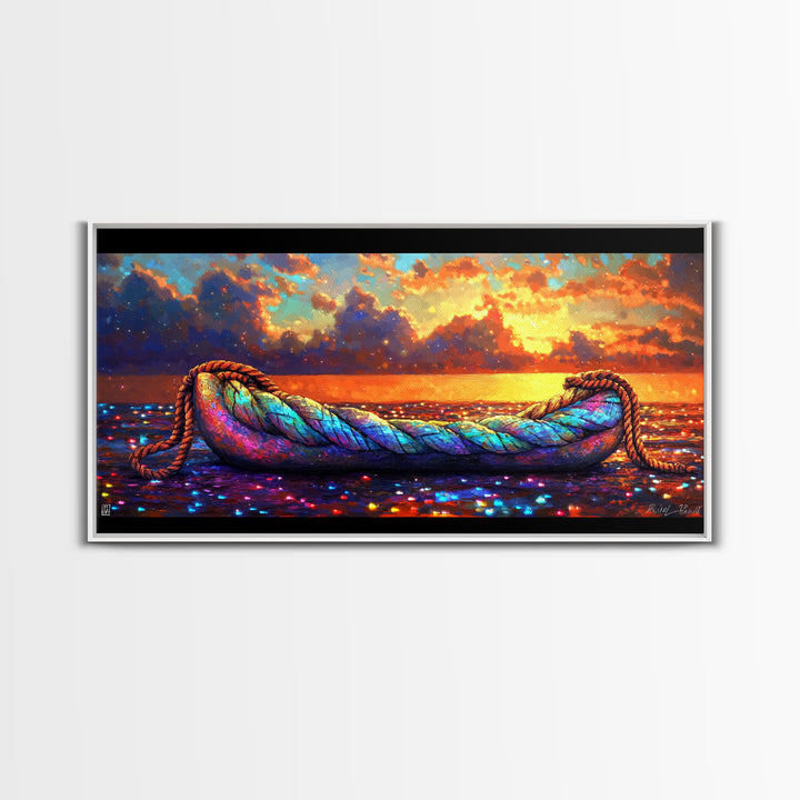 Rainbow Rope Boat At Sunset Framed Canvas Print, Coastal Wall Art, Nautical Ocean Decor, Beach House Living Room Art, Large Seascape Gift