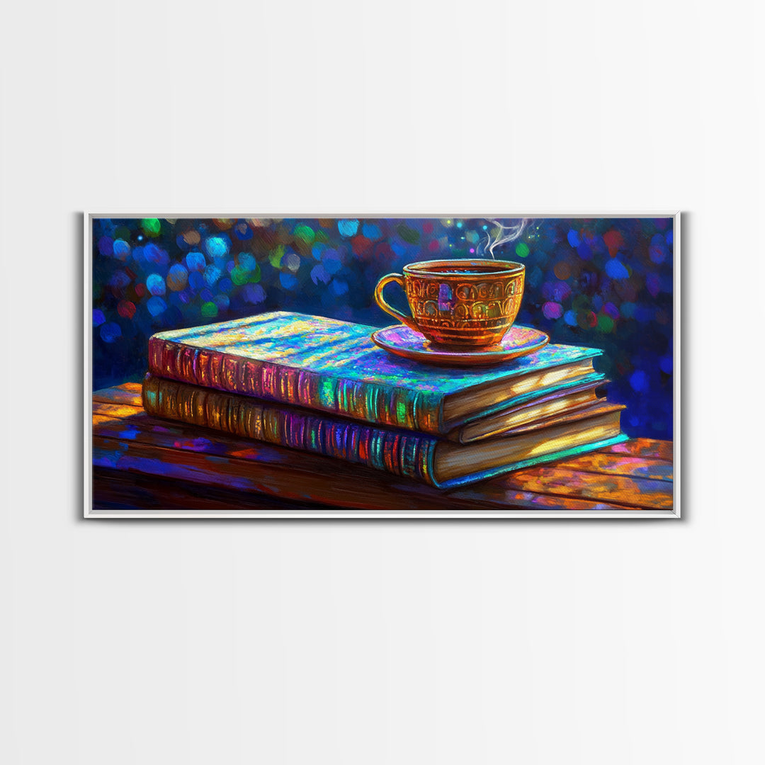 Steaming Teacup On Stacked Books Framed Canvas Print, Cozy Library Wall Art, Book Lover Gift, Coffee Shop Home Decor, Reading Nook Decor