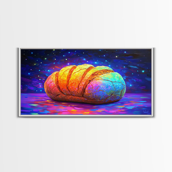 Glowing Croissant Pastry Under Starry Sky Canvas Print, Bakery Wall Art, Kitchen Decor, French Patisserie Gift For Foodie