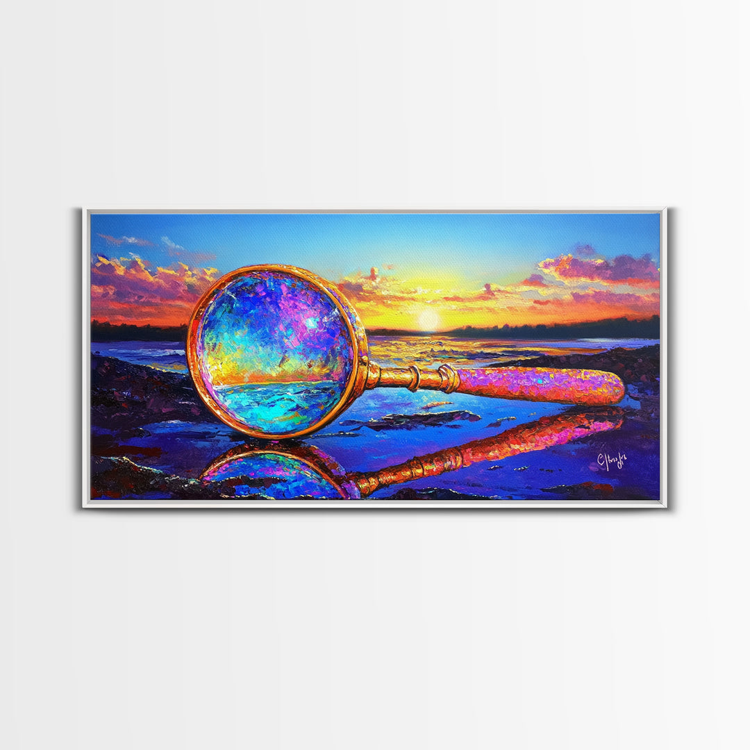 Magnifying Glass At Beach Sunset Wall Art, Coastal Canvas Print, Ocean Decor, Nautical Landscape Art For Study Or Office