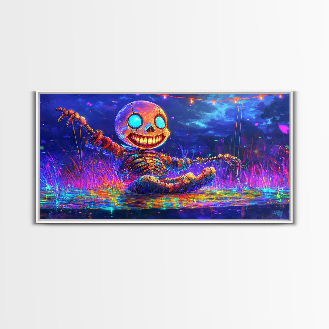Neon Skeleton Doll In Moonlit Marsh Canvas Print, Halloween Wall Art, Gothic Decor, Whimsical Art, Spooky Kids Room Decor