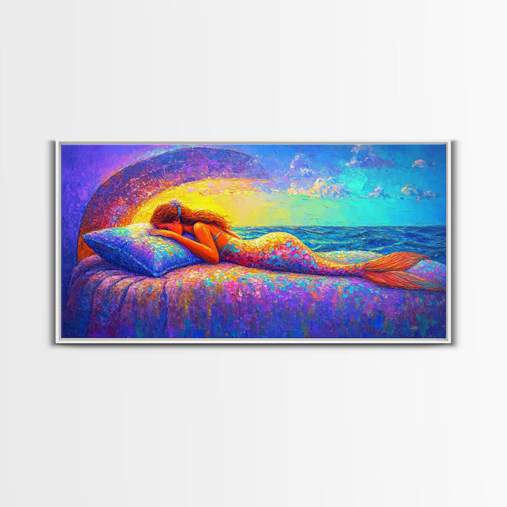 Sleeping Mermaid By Ocean Window Framed Canvas Print, Fantasy Wall Art, Coastal Bedroom Decor, Beach House Decor Gift For Her
