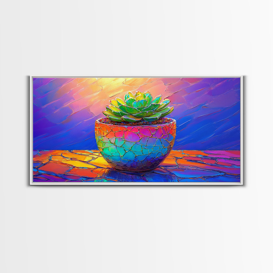 Mosaic Succulent In Rainbow Ceramic Pot Framed Canvas Print, Botanical Wall Art, Colorful Home Decor, Boho Plant Art Gift
