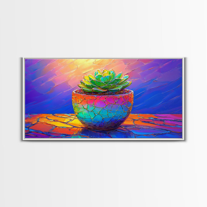 Mosaic Succulent In Rainbow Ceramic Pot Framed Canvas Print, Botanical Wall Art, Colorful Home Decor, Boho Plant Art Gift