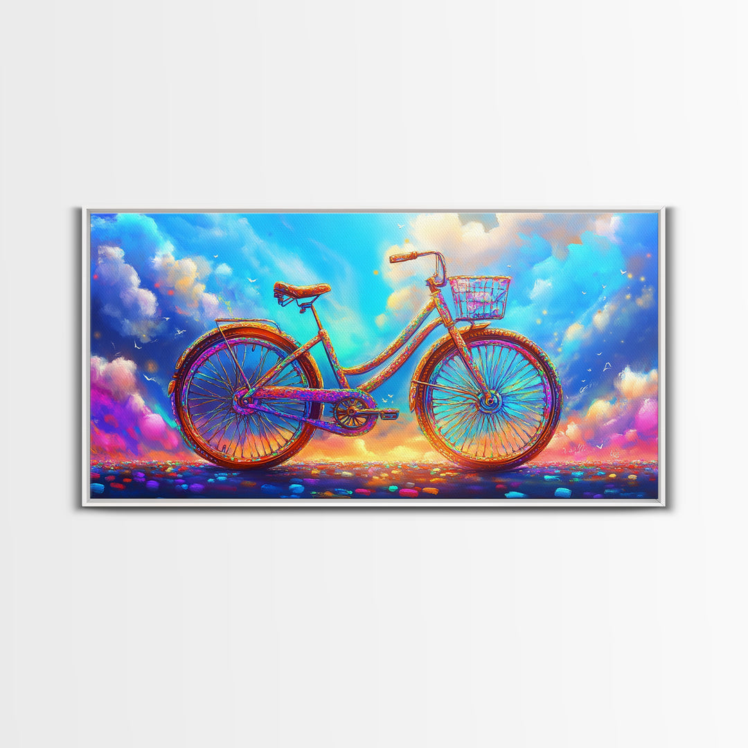 Rainbow Cruiser Bicycle Under Dreamy Clouds Canvas Print, Whimsical Wall Art, Kids Room Decor, Colorful Nursery Art Gift