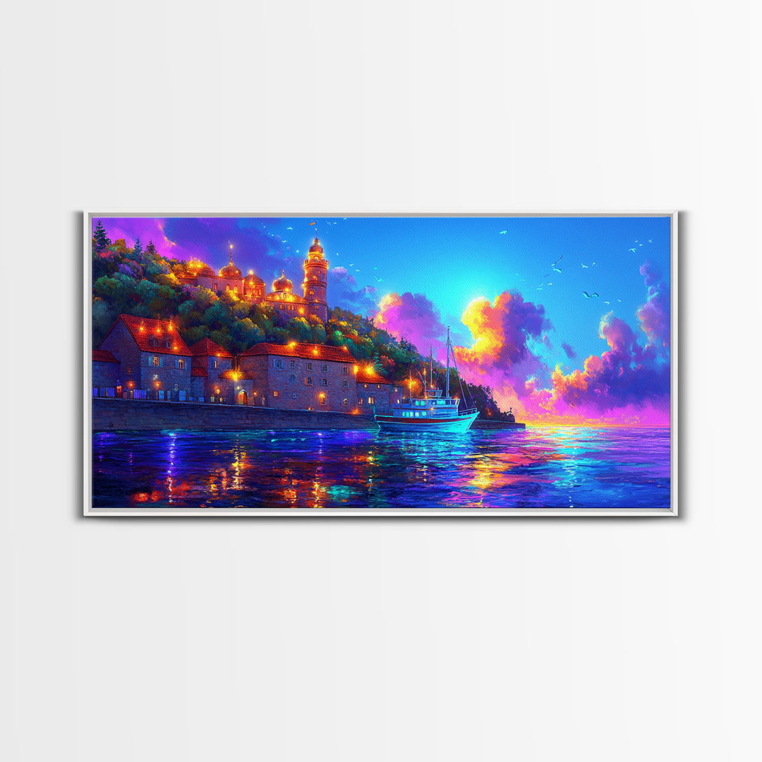 Sunset Harbor Village And Sailboat Canvas Print, Coastal Wall Art, Mediterranean Decor, Travel Poster, Living Room Art Print