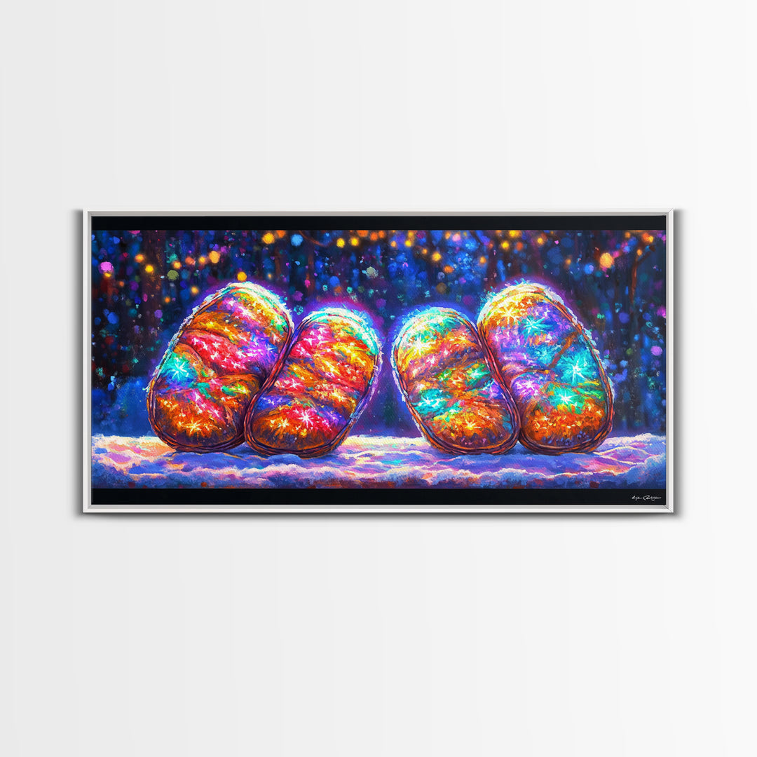 Glowing Rainbow River Stones Under Fairy Lights Canvas Print, Whimsical Wall Art, Dopamine Decor, Colorful Abstract Art Print