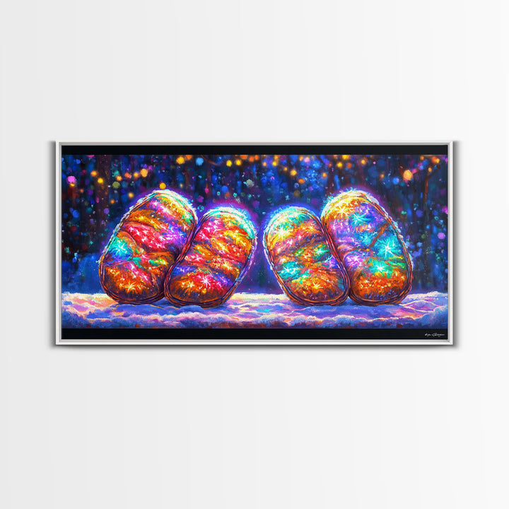Glowing Rainbow River Stones Under Fairy Lights Canvas Print, Whimsical Wall Art, Dopamine Decor, Colorful Abstract Art Print