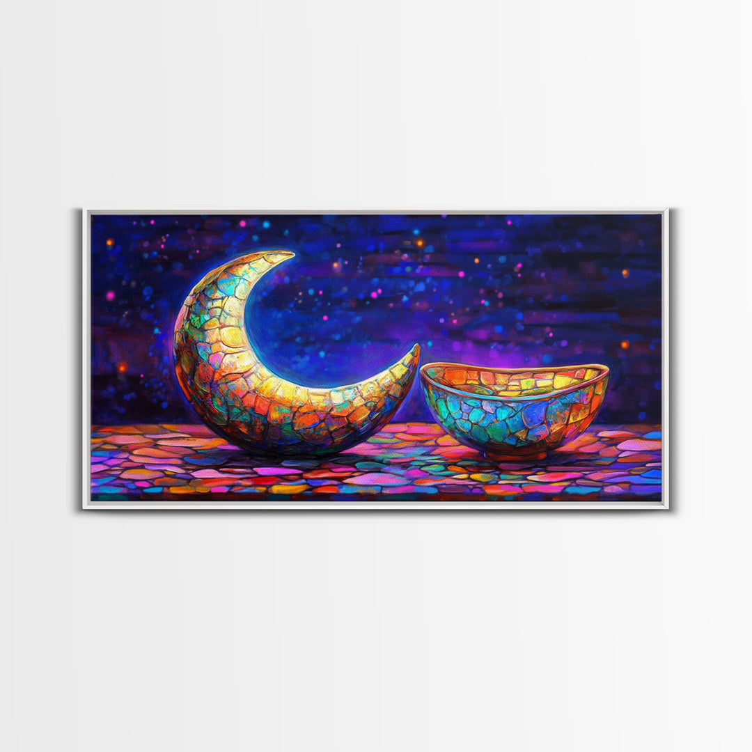 Mosaic Crescent Moon And Bowl Wall Art, Celestial Night Sky Decor, Mystical Boho Canvas, Gift For Her Home Decor, Moon Phase Art