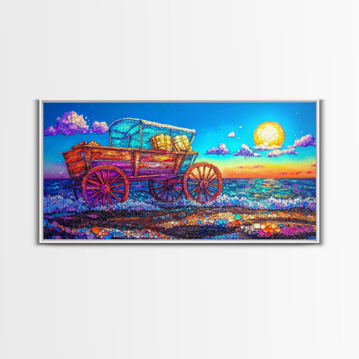 Rustic Wooden Wagon By Moonlit Ocean Wall Art, Coastal Farmhouse Decor, Country Landscape Art, Beach House Decor Gift For Her