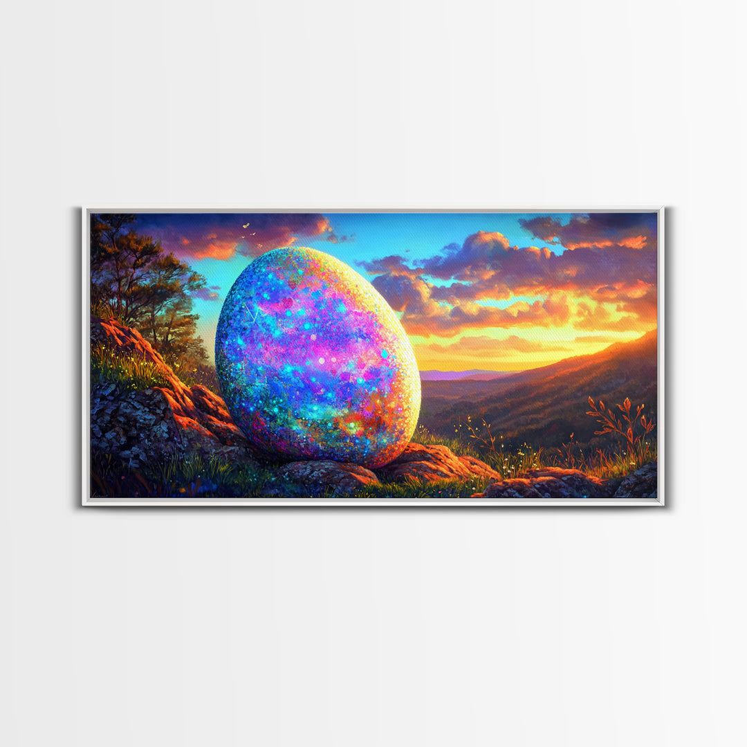 Glittering Easter Egg Mountain Sunset Canvas Print, Whimsical Wall Art, Spring Decor, Fantasy Landscape, Colorful Wall Art