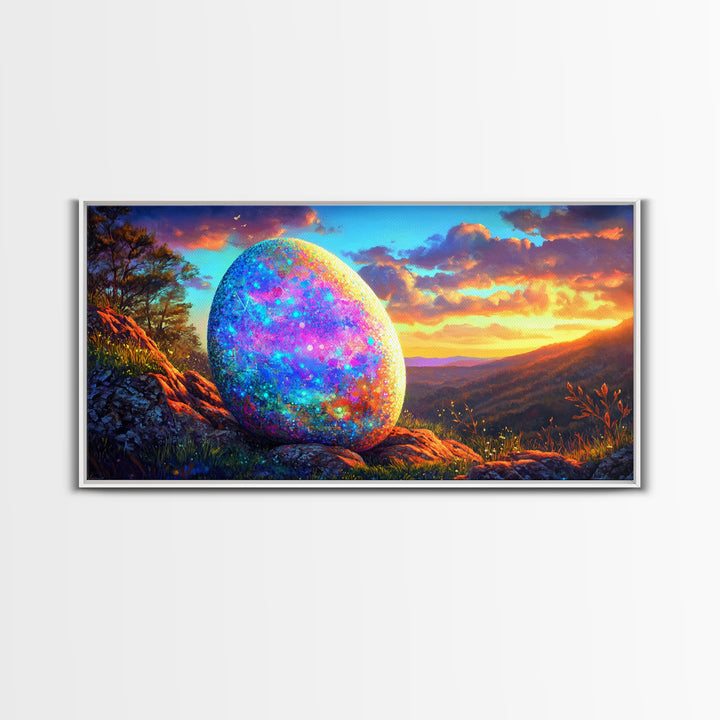 Glittering Easter Egg Mountain Sunset Canvas Print, Whimsical Wall Art, Spring Decor, Fantasy Landscape, Colorful Wall Art