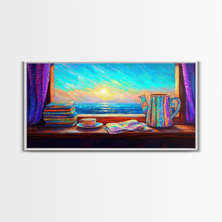 Ocean View Books And Tea By Window Canvas Print, Coastal Wall Art, Reading Nook Decor, Beach House Decor, Cozy Wall Art For Her