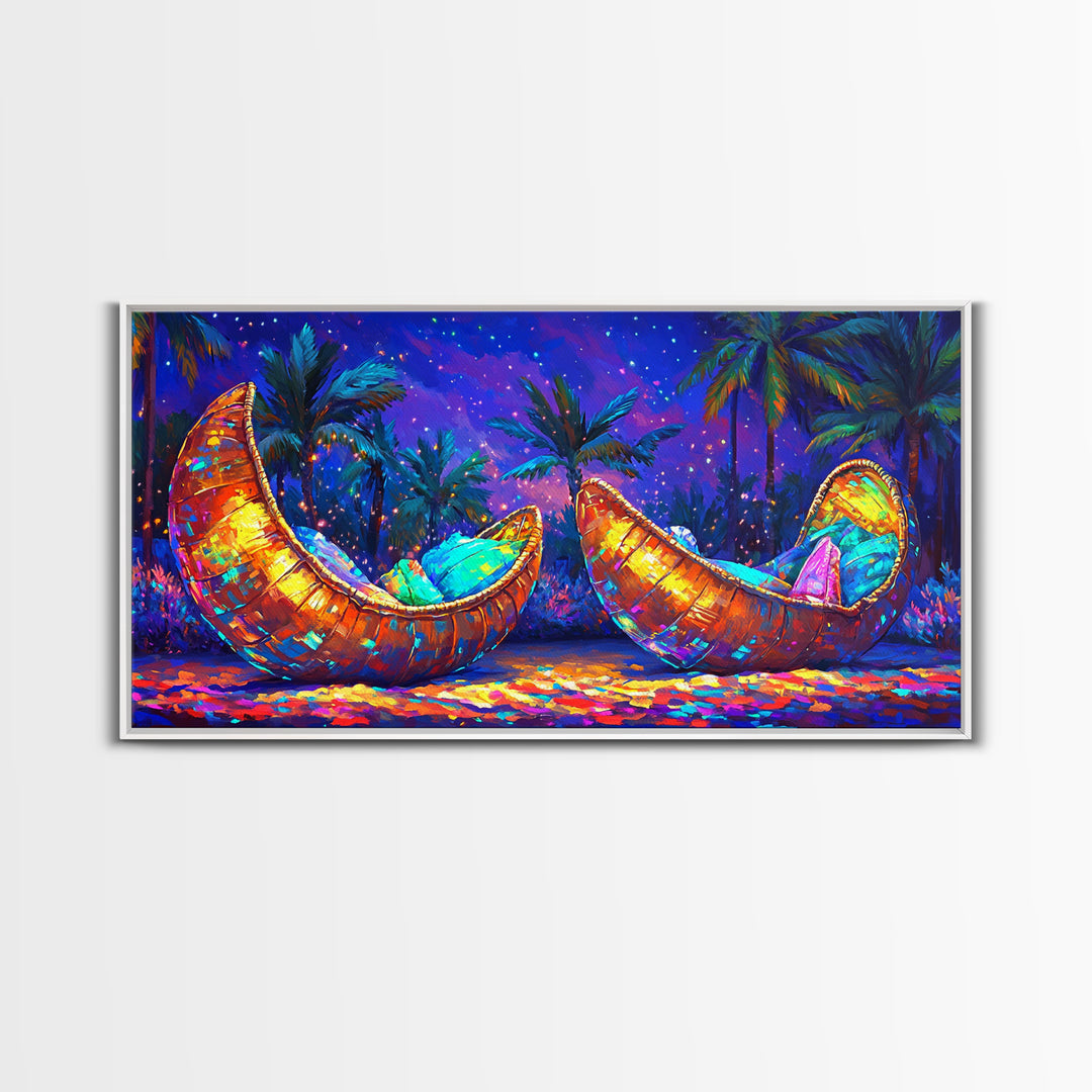 Glowing Crescent Moon Hammocks Under Palms Framed Canvas Print, Tropical Wall Art For Boho Bedroom Decor And Summer Home Decor