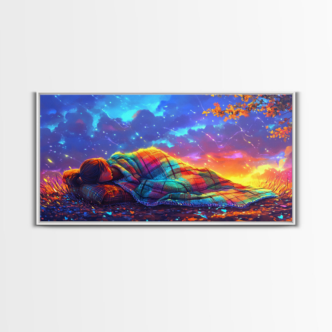 Sleeping Under Rainbow Blanket At Sunset Framed Canvas Print, Cozy Wall Art For Bedroom Decor, Calming Landscape Wall Art