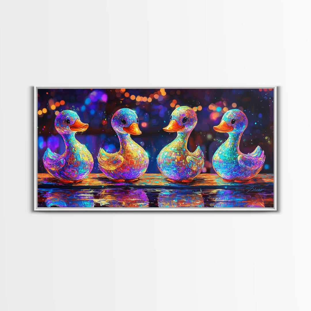 Four Rainbow Rubber Ducks In A Row Canvas Print, Whimsical Animal Wall Art For Bathroom Decor And Kids Room Decor Gift Idea