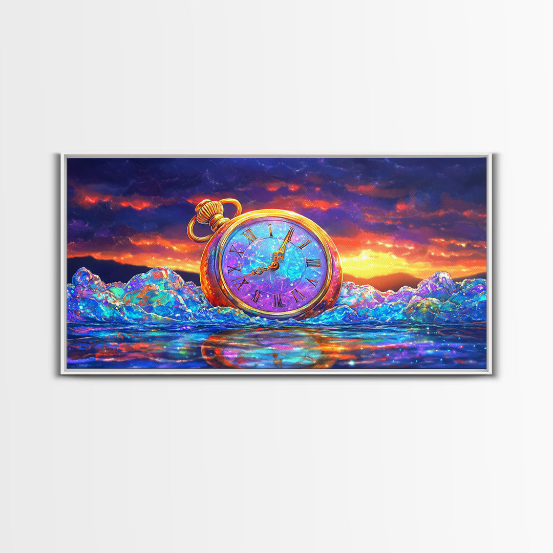 Golden Pocket Watch In Icy Sea Framed Canvas Print, Surreal Wall Art, Steampunk Decor, Time Traveler Fantasy Art Home Decor Gift