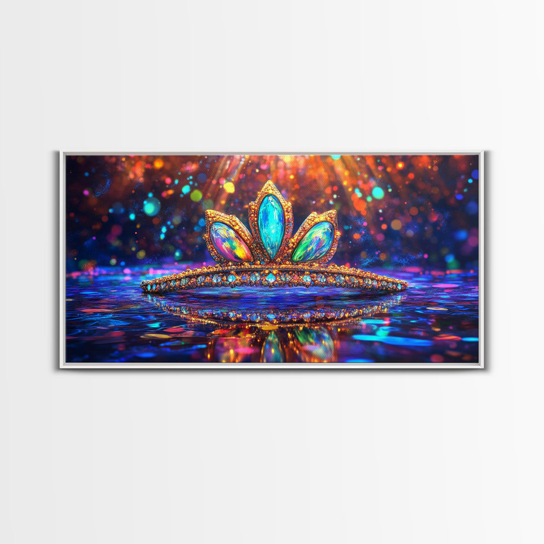 Jeweled Tiara With Rainbow Reflections Framed Canvas Print, Princess Wall Art, Glam Wall Decor, Feminine Gift For Her, Bedroom Decor