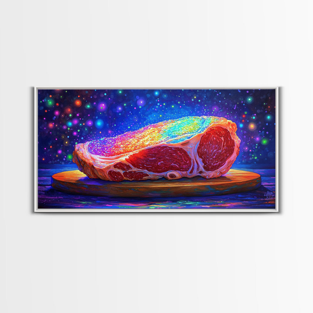 Rainbow Steak On Wooden Board Canvas Print, Bold Food Wall Art, Kitchen Decor, Restaurant Poster, Gift For Chef Or Foodie