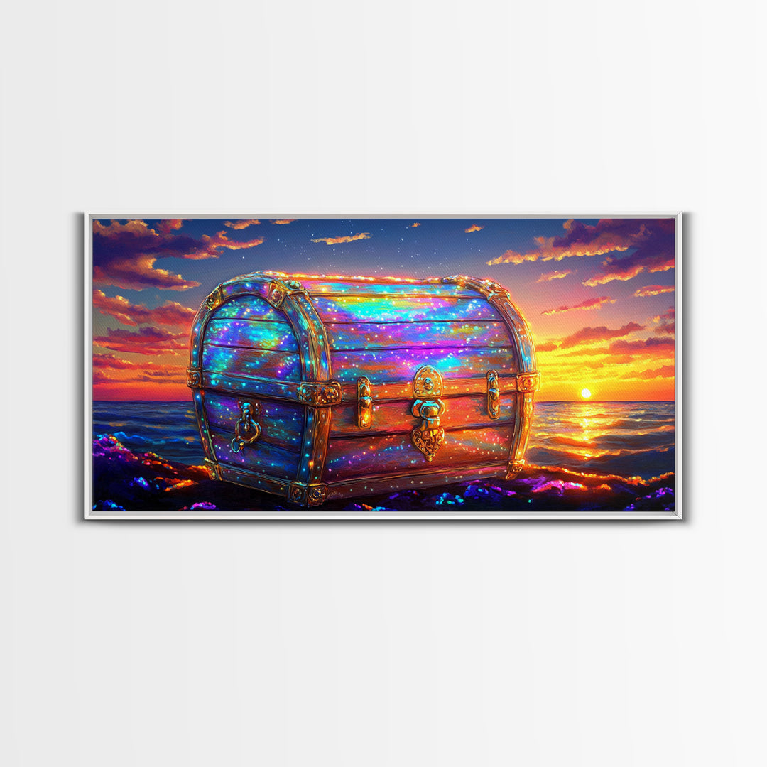 Glowing Treasure Chest At Ocean Sunset Canvas Print, Fantasy Wall Art, Coastal Decor, Adventure Gift, Beach House Decor Art