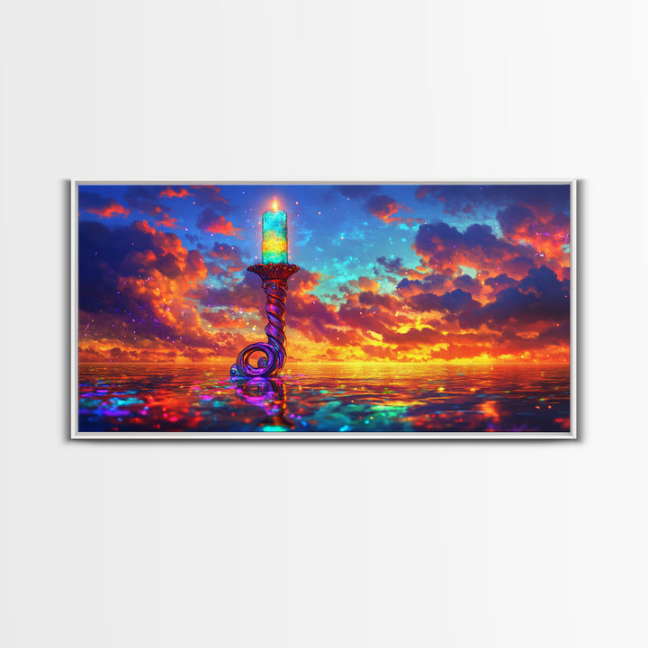 Glowing Candle Over Sunset Ocean Wall Art, Coastal Seascape Painting, Spiritual Home Decor, Calming Living Room Wall Decor