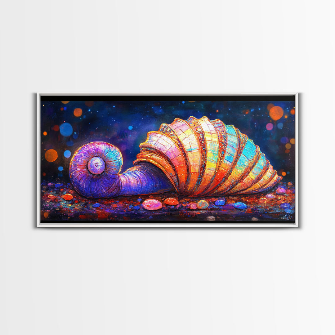 Glowing Spiral Seashell On Pebble Shore Canvas Print, Nautical Coastal Wall Art, Beach House Decor, Ocean Life Art Print