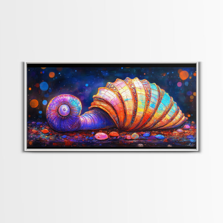 Glowing Spiral Seashell On Pebble Shore Canvas Print, Nautical Coastal Wall Art, Beach House Decor, Ocean Life Art Print