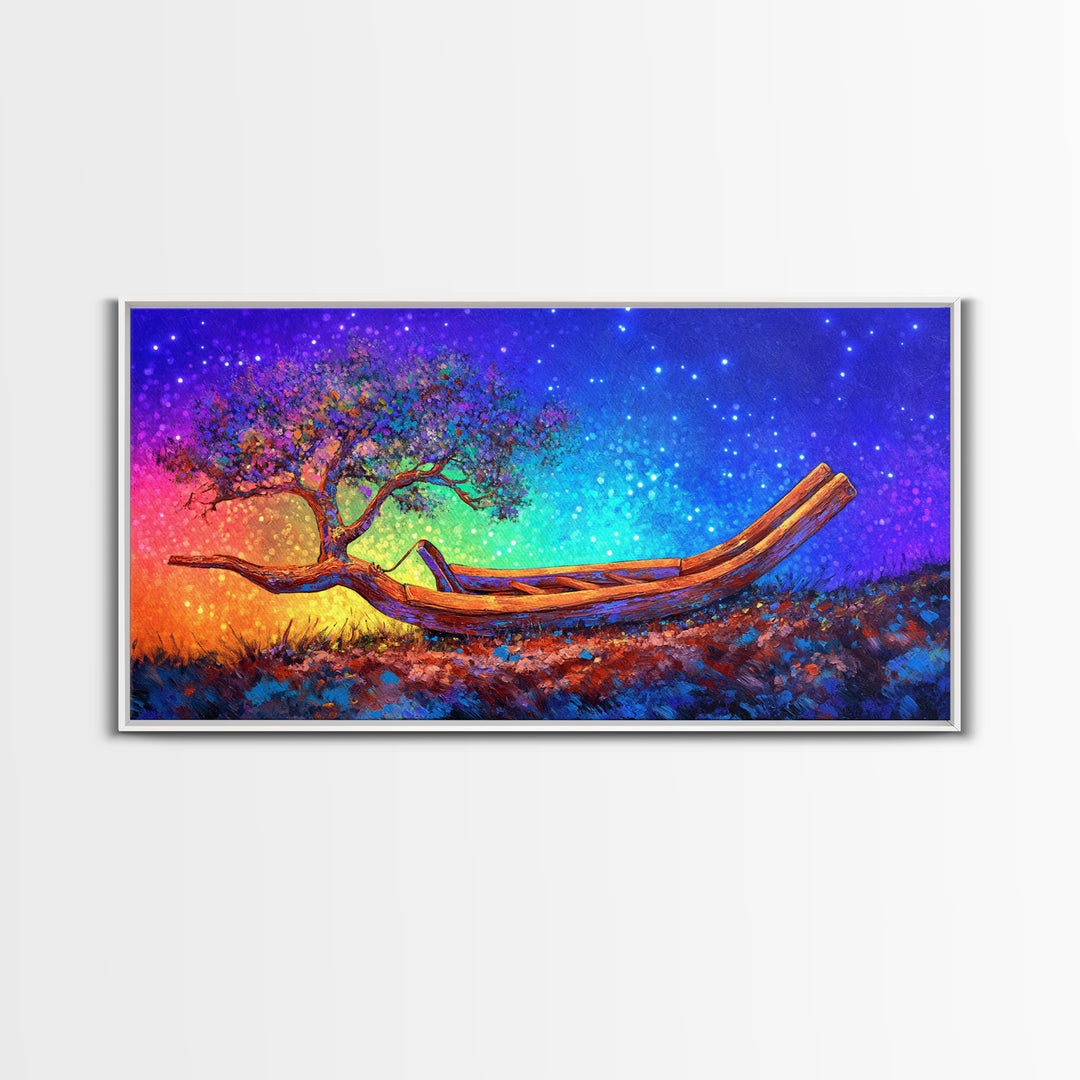 Wooden Canoe With Tree Under Stars Canvas Print, Whimsical Wall Art, Nature Wall Decor, Celestial Art, Unique Gift, Home Decor