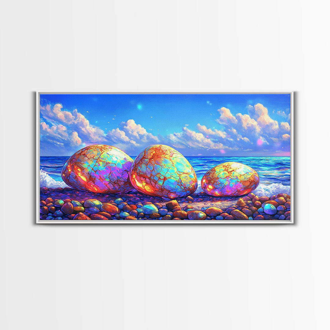 Iridescent Pebbles On Sunny Beach Canvas Print, Coastal Wall Art, Ocean Art Print, Beach House Decor, Colorful Nature Art