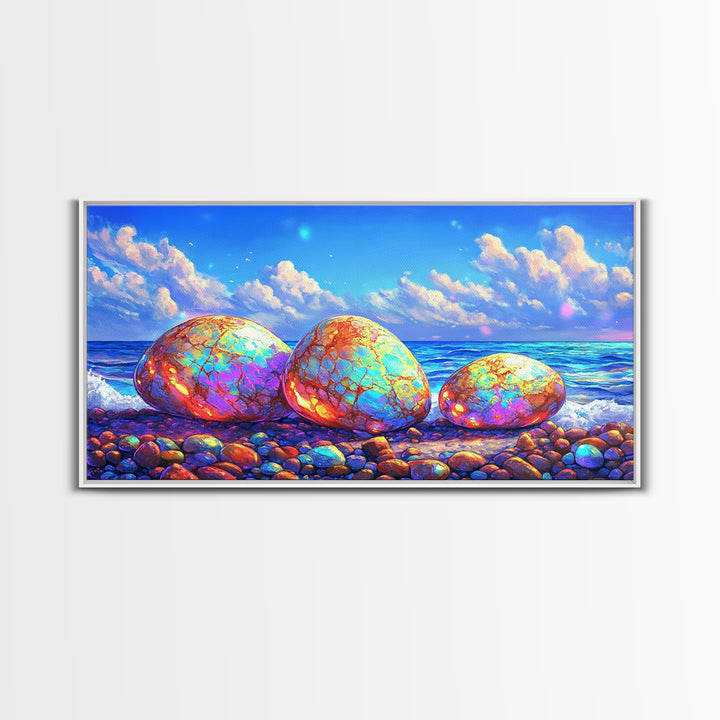 Iridescent Pebbles On Sunny Beach Canvas Print, Coastal Wall Art, Ocean Art Print, Beach House Decor, Colorful Nature Art