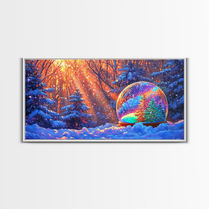 Snow Globe With Rainbow Winter Forest Wall Art, Christmas Decor, Cozy Wall Art, Winter Landscape Print, Whimsical Home Decor