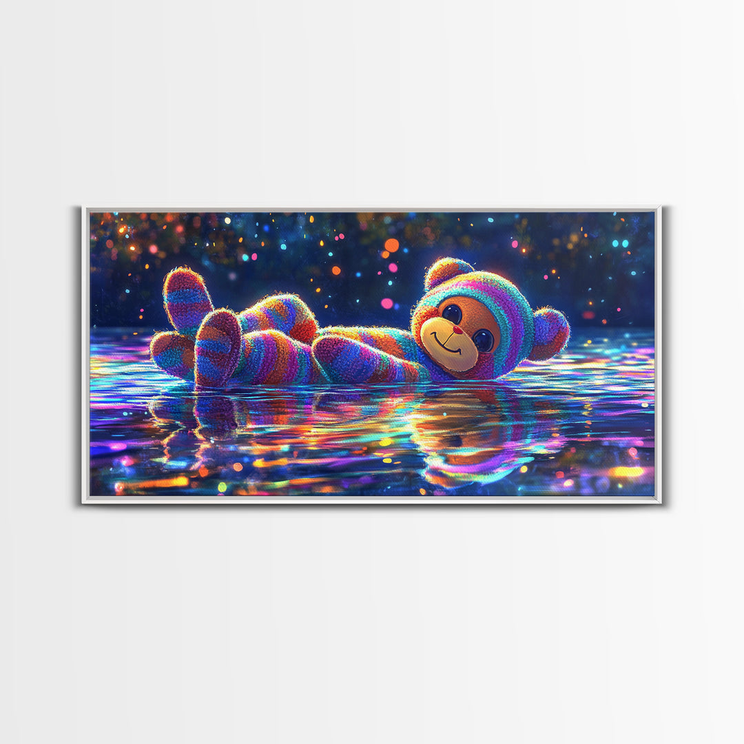 Rainbow Plush Teddy Bear On Reflective Water Wall Art, Cute Kids Room Art, Nursery Wall Art, Dopamine Decor, Baby Gift For Her