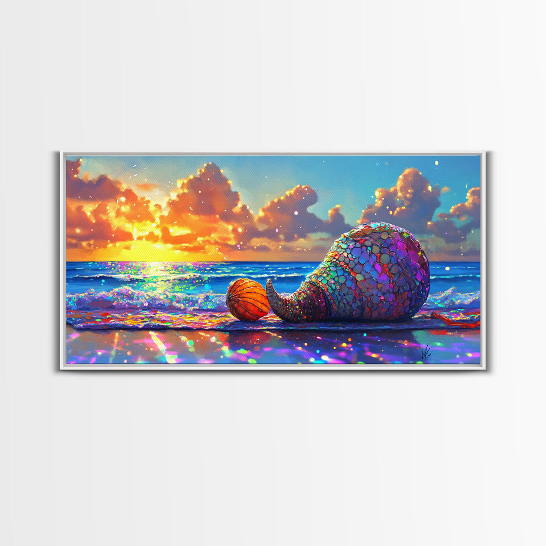 Mosaic Mermaid Tail Seashell At Ocean Sunset Canvas Print, Coastal Wall Art, Beach House Decor, Nautical Decor, Gift For Her