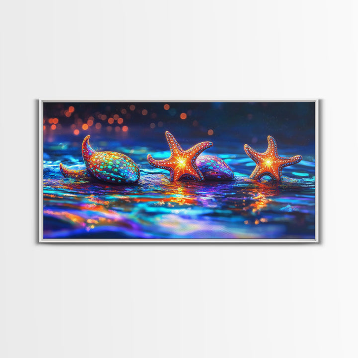 Glowing Starfish And Seashells On Neon Tide Canvas Print, Coastal Wall Art, Ocean Decor, Beach House Gift For Her, Living Room Decor
