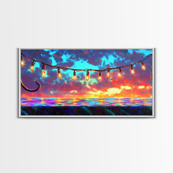 String Lights Over Sunset Patio Canvas Print, Outdoor Wall Art, Patio Decor, Rustic Home Decor, Summer Wall Decor, Gift For Her