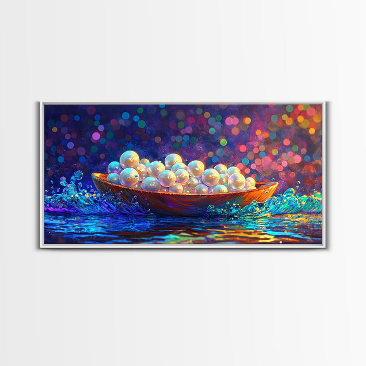 Glowing Pearls In Wooden Bowl Canvas Print, Coastal Wall Art, Ocean Decor, Elegant Bathroom Art, Luxury Home Decor, Gift For Her