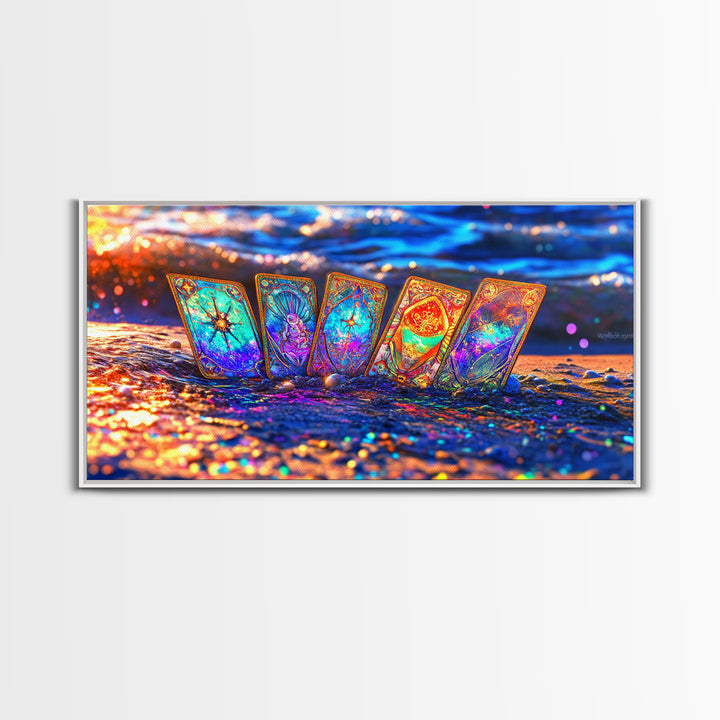 Glowing Tarot Cards On Ocean Shore Wall Art, Celestial Coastal Decor, Mystical Canvas Print, Witchy Gift For Her, Beach House Decor