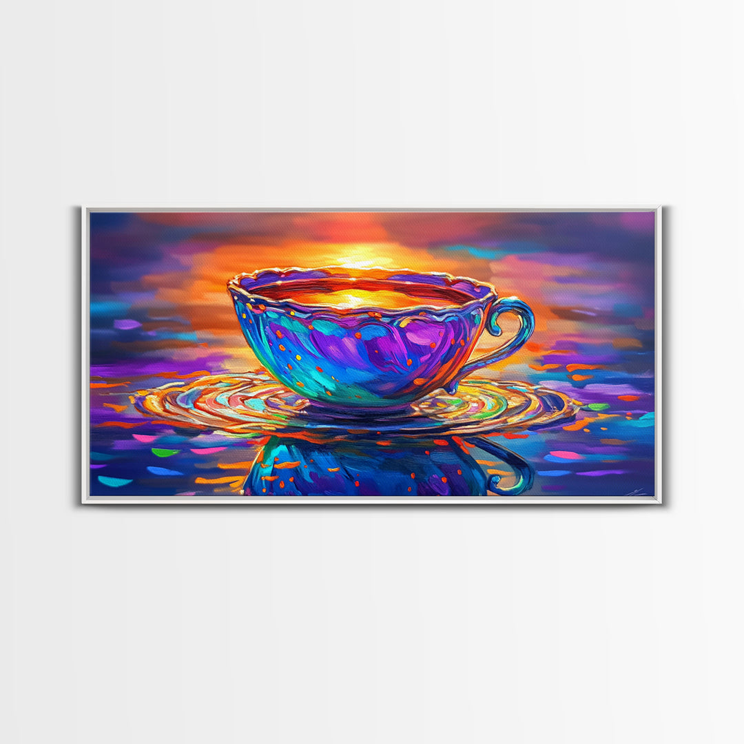 Vibrant Teacup At Sunset Reflection Framed Canvas Print, Cozy Kitchen Wall Art, Coffee Bar Decor, Gift For Tea Lover, Home Decor