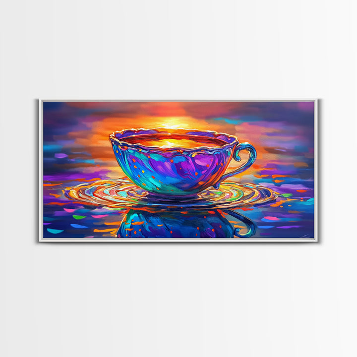 Vibrant Teacup At Sunset Reflection Framed Canvas Print, Cozy Kitchen Wall Art, Coffee Bar Decor, Gift For Tea Lover, Home Decor