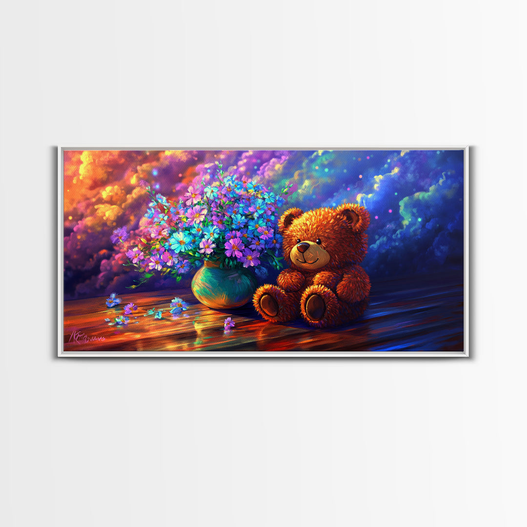 Smiling Teddy Bear With Colorful Wildflowers Canvas Print, Whimsical Nursery Wall Art, Kids Room Decor, Baby Shower Gift