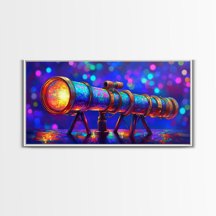 Rainbow Telescope With Cosmic Bokeh Wall Art, Astronomy Decor, Space Lover Canvas Print, Science Poster Gift For Him, Home Office Decor
