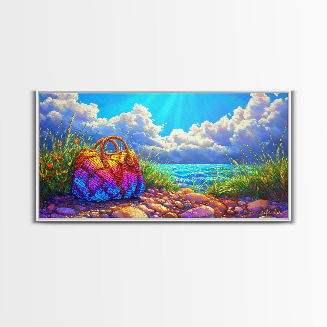 Rainbow Woven Beach Bag Wall Art, Coastal Canvas Print, Beach House Decor, Summer Ocean Art, Tropical Home Decor Gift Idea