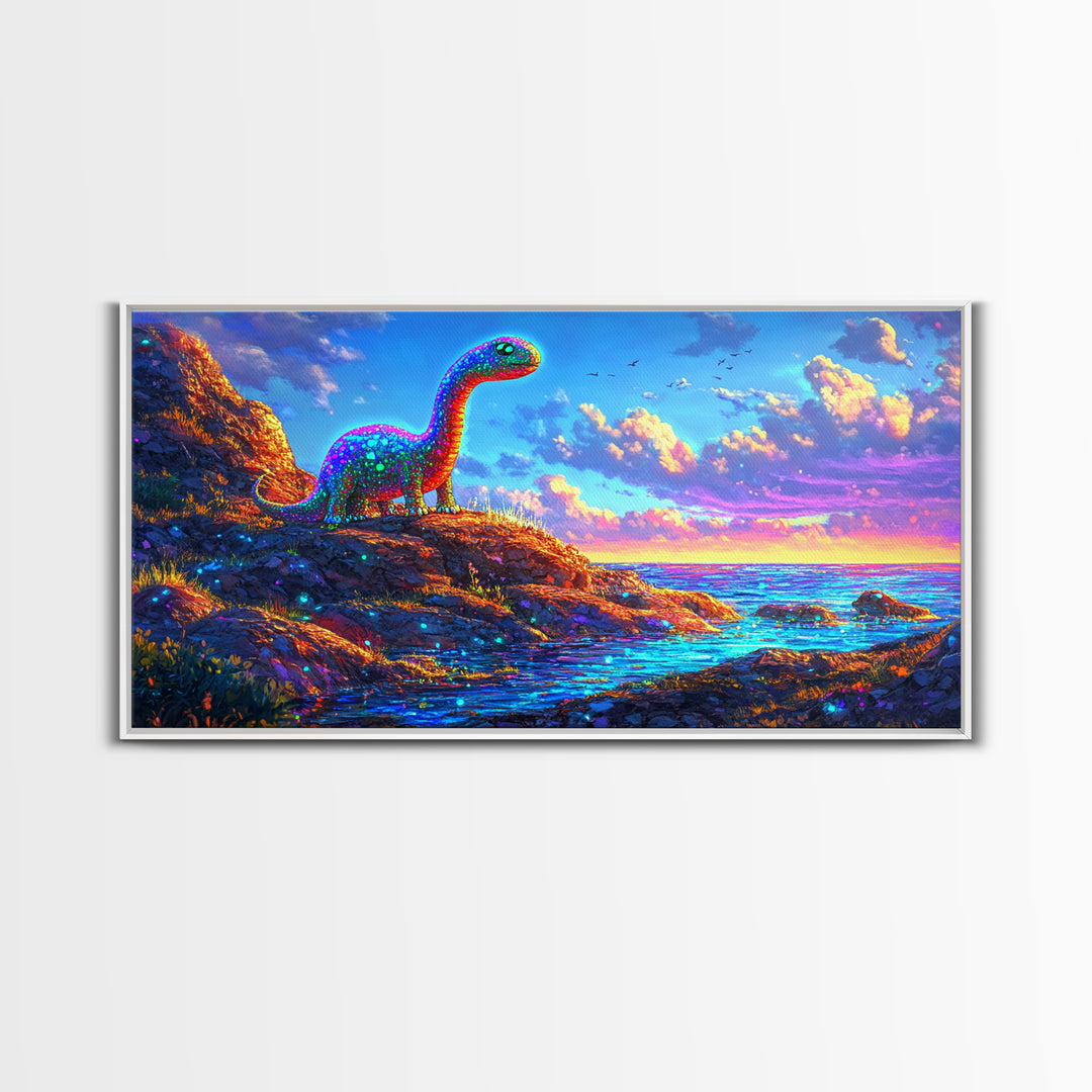 Sparkling Rainbow Dinosaur By Ocean Sunset Wall Art, Colorful Kids Room Decor, Whimsical Nursery Art, Coastal Fantasy Gift
