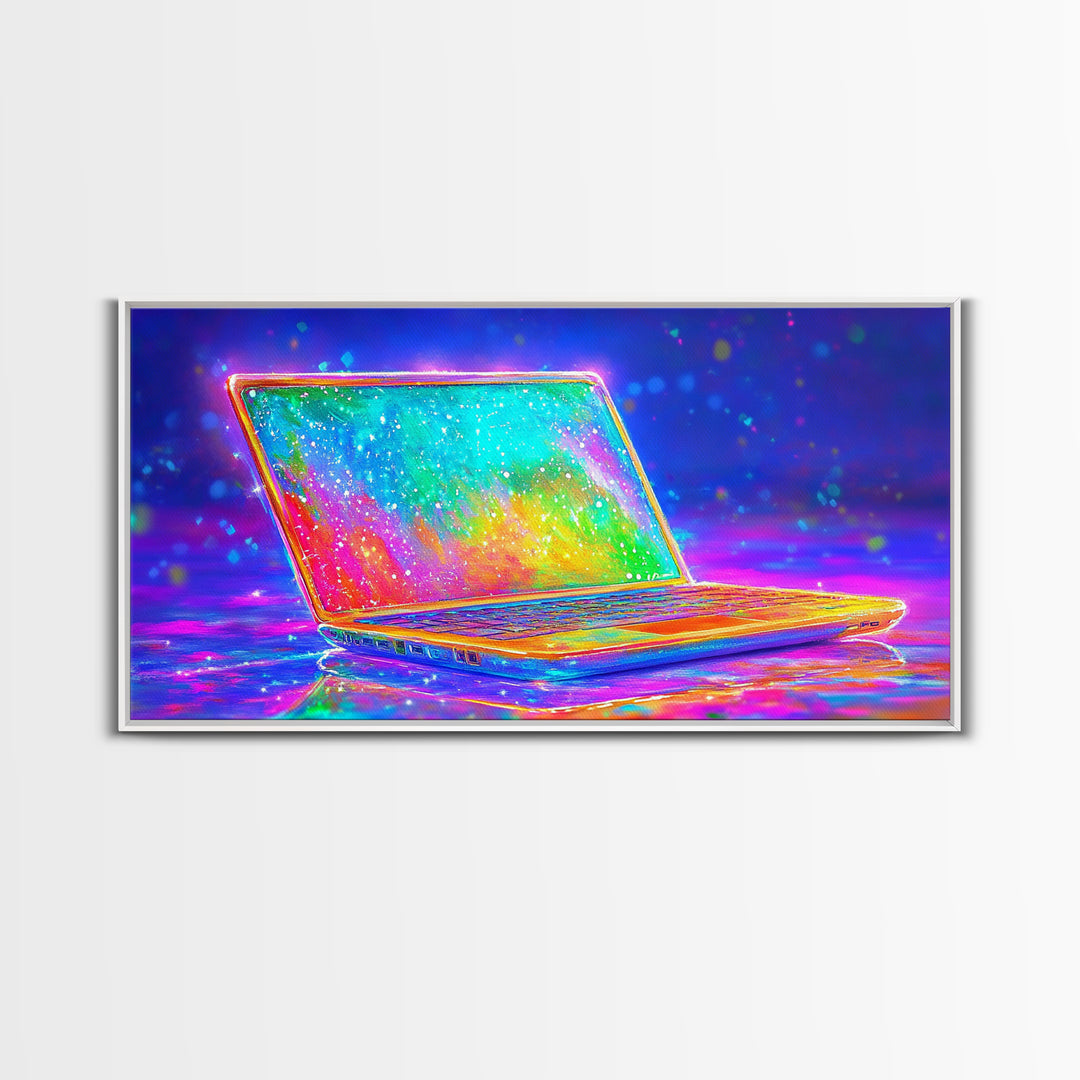 Neon Rainbow Laptop Canvas Print, Cyberpunk Office Wall Art, Tech Art, Gamer Room Decor, Futuristic Home Office Decor, Gift