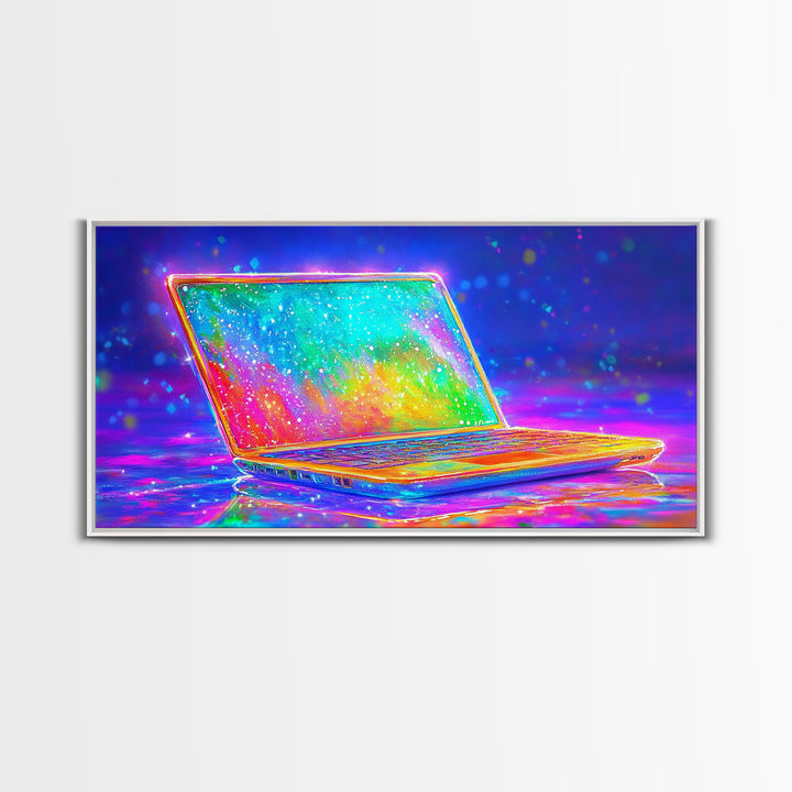 Neon Rainbow Laptop Canvas Print, Cyberpunk Office Wall Art, Tech Art, Gamer Room Decor, Futuristic Home Office Decor, Gift
